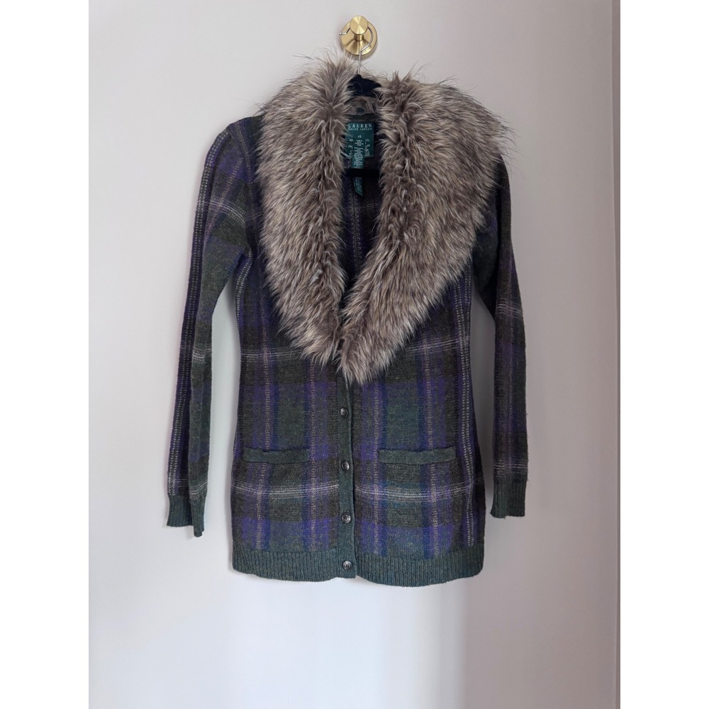 Lauren Ralph Lauren Plaid Lambswool Cardigan Removable Faux Fur‎ Collar XS